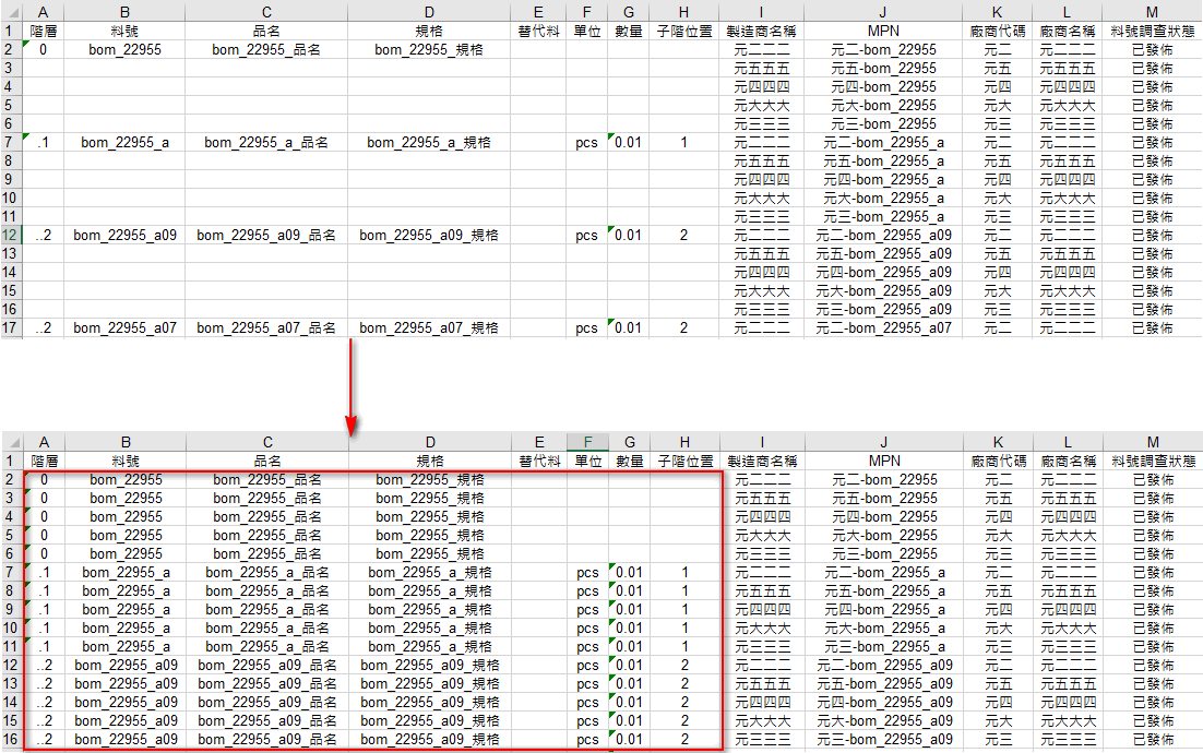 填滿料件資料